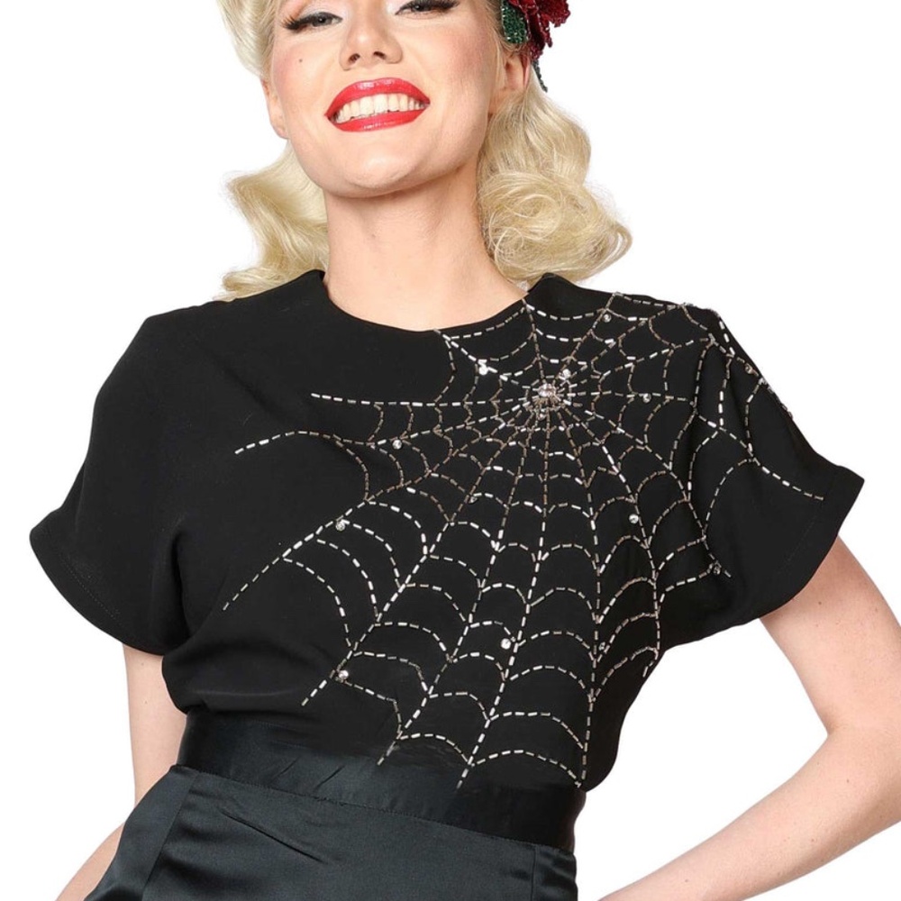 Beaded Spiderweb Norma Blouse Top by Nicoletta Carlone, Black Silver Sequin, XL